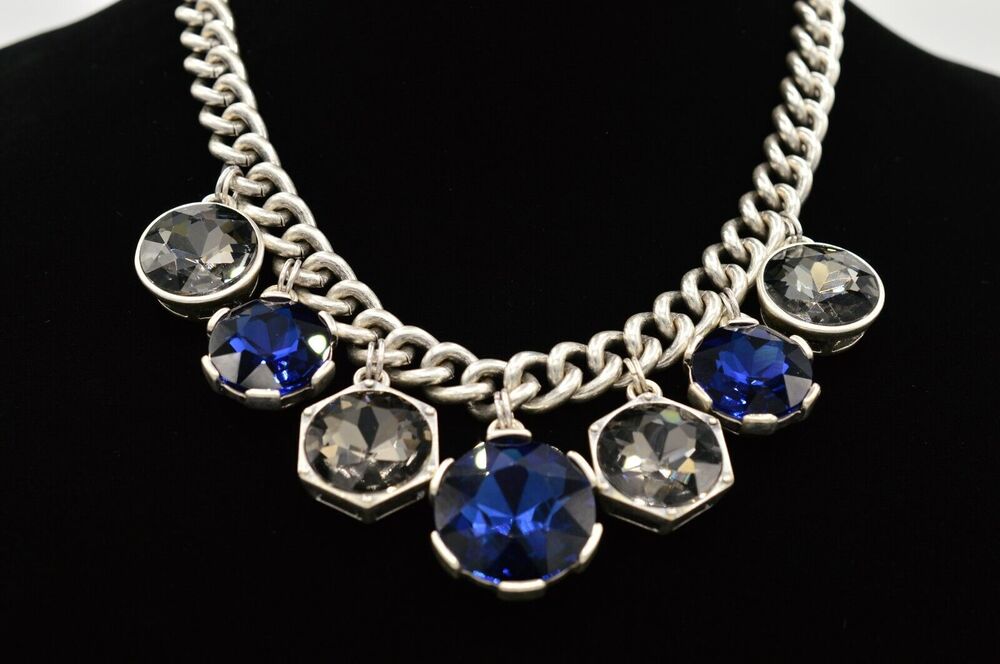 KC Vintage Collar Necklace Heavy Rhinestone Crystal Chunky Blue Gray Signed BinR